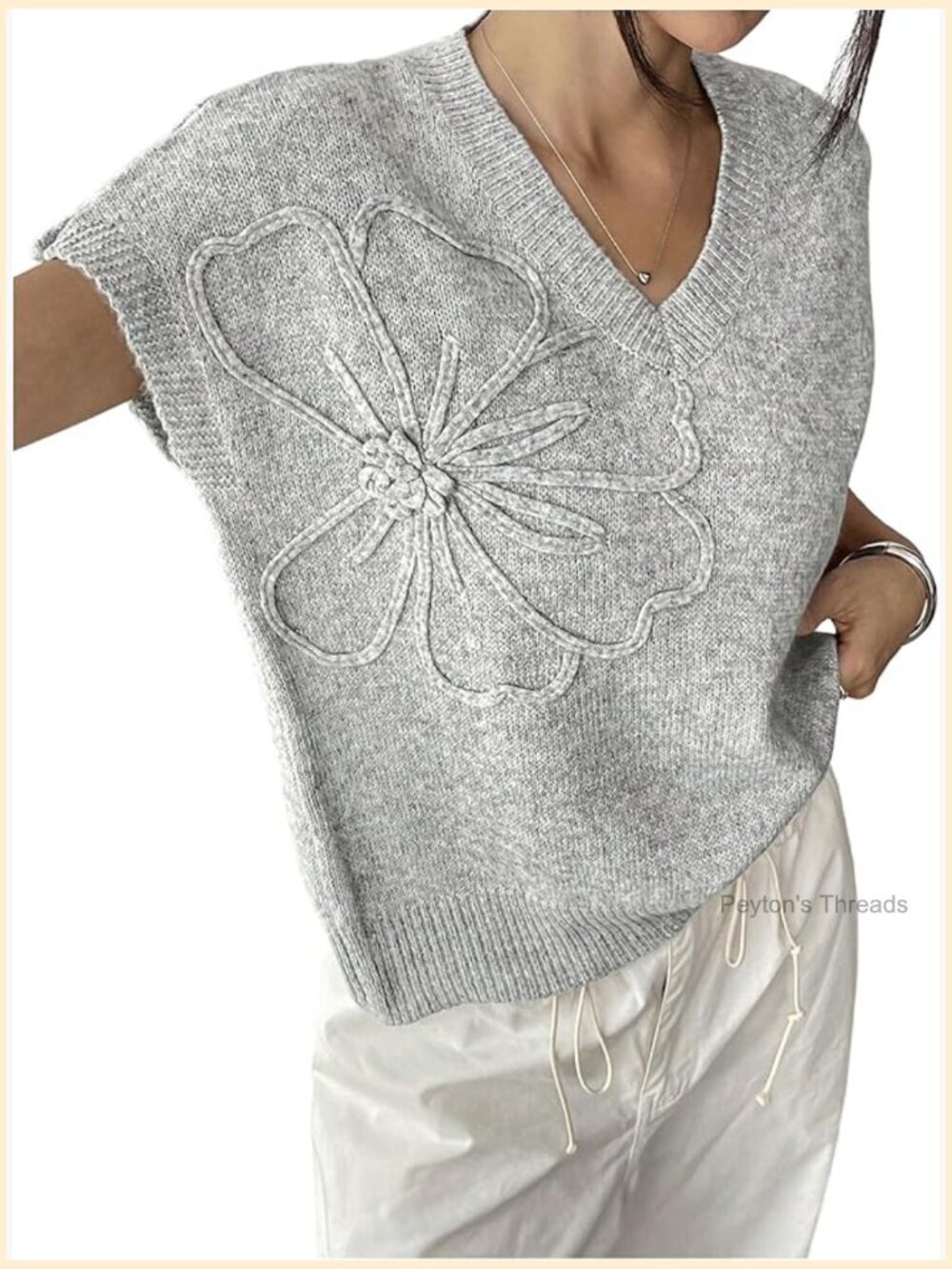 3D Floral Appliques V Neck Knit Pullover Top Short Sleeve Elegant
